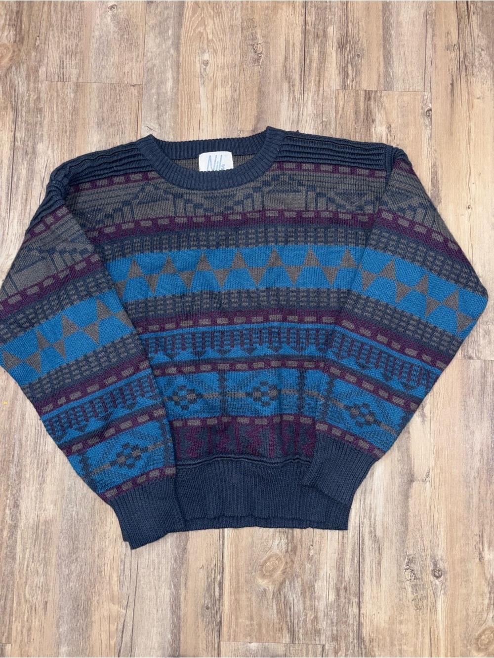 NILS Geometric Crewneck Sweater in Blue, Gray & Purple